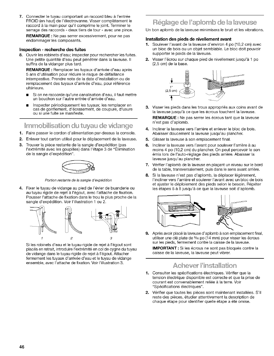 Inspection - recherche des fiiites, Installation des pieds de nivellement avant, Heglage cie l'aplomb cle la la¥euse | Achewer iinstaiaion, Irrill îsdiî | Kenmore 110. 2404# User Manual | Page 46 / 56