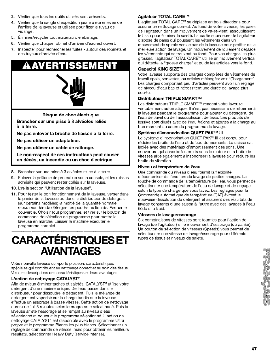 Caractéristiques et, Agitateur total care, A avertissement | Vnt/vg | Kenmore 110. 2404# User Manual | Page 47 / 56