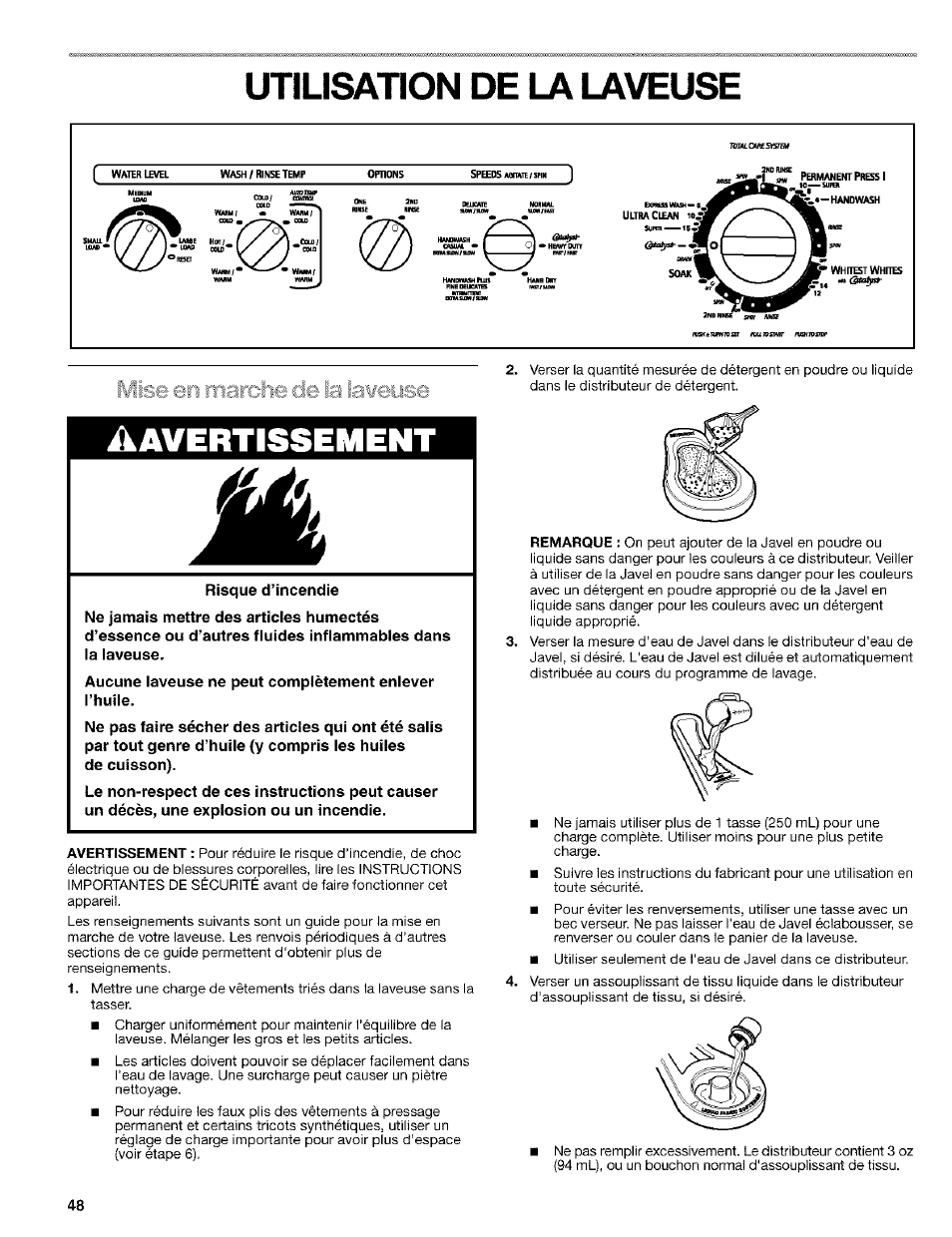 Utilisation de la laveuse, Ikavertissement, Marche de la iawsyse | Kenmore 110. 2404# User Manual | Page 48 / 56