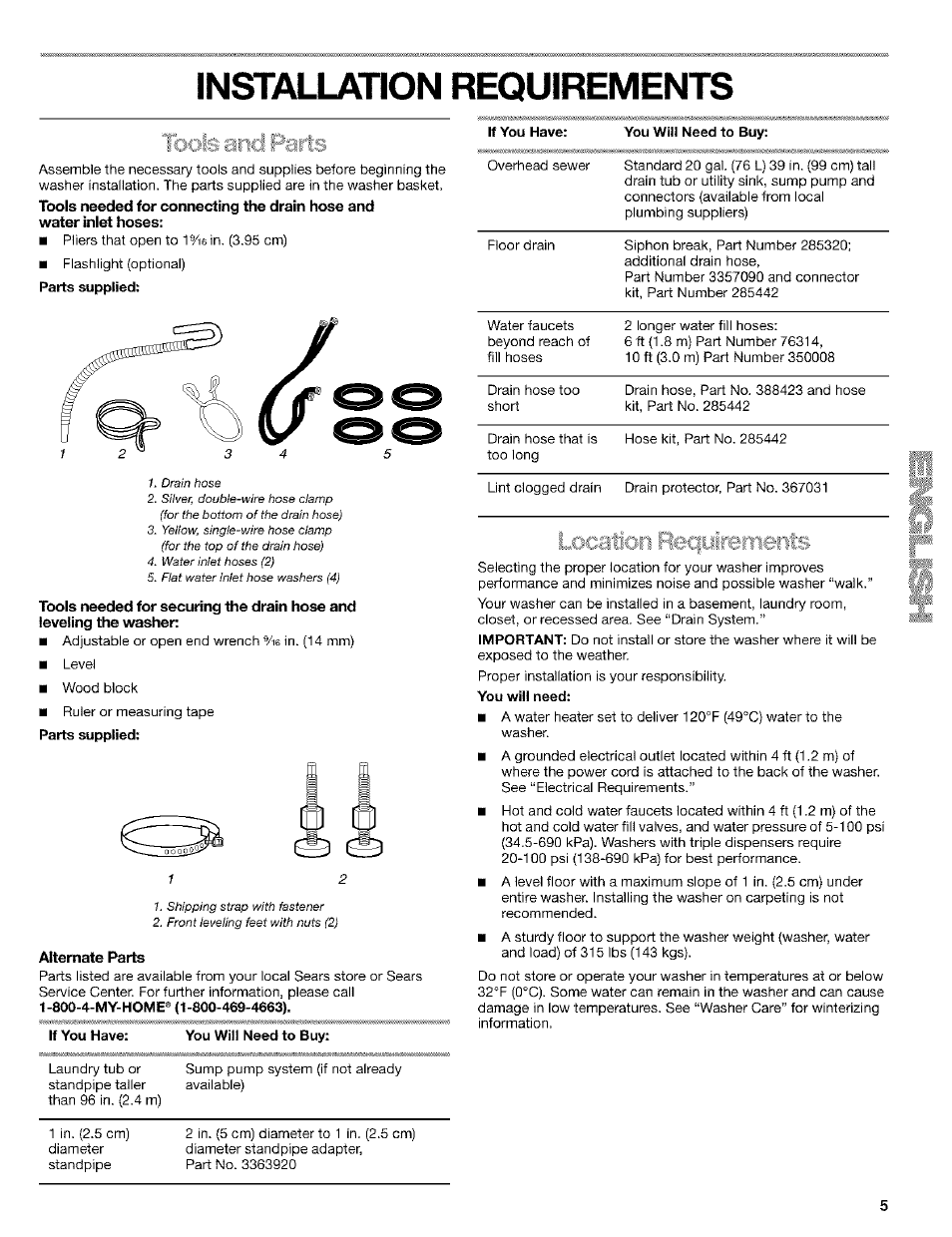 Installation requirements, Mternate parts, 1bols and parts | J3calion requifernerits | Kenmore 110. 2404# User Manual | Page 5 / 56