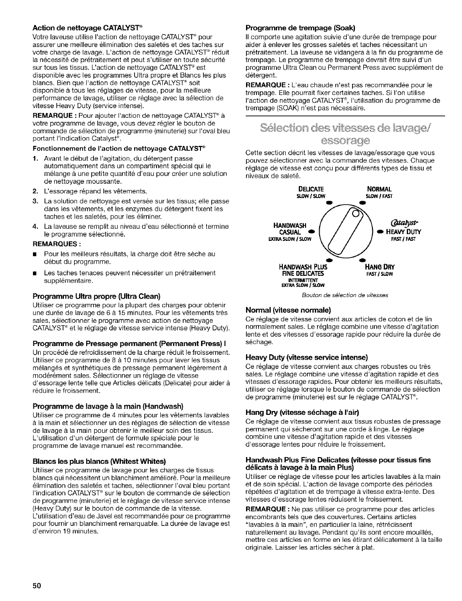 Action de nettoyage catalyst, Programme ultra propre (ultra clean), Programme de lavage à la main (handwash) | Blancs les plus blancs (whitest whites), Normal (vitesse normale), Heavy duty (vitesse sentice intense), Hang dry (vitesse séchage à l'air) | Kenmore 110. 2404# User Manual | Page 50 / 56