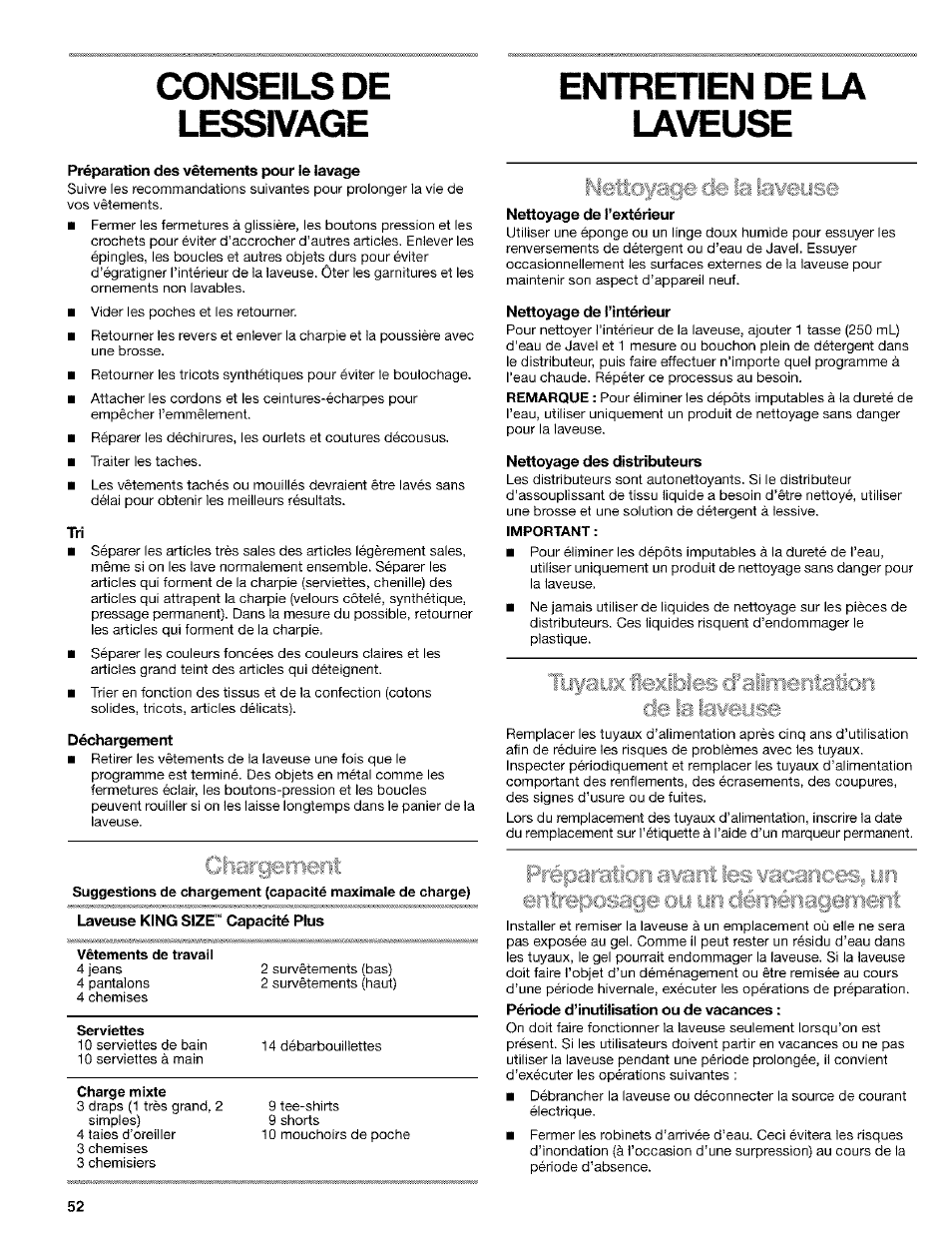 Entreden de la laveuse, Préparation des vêtements pour le lavage, Déchargement | Laveuse king size" capacité plus, Nettoyage de l’intérieur, Nettoyage des distributeurs, Entretien de la laveuse, Conseils de lessivage entreden de la laveuse | Kenmore 110. 2404# User Manual | Page 52 / 56