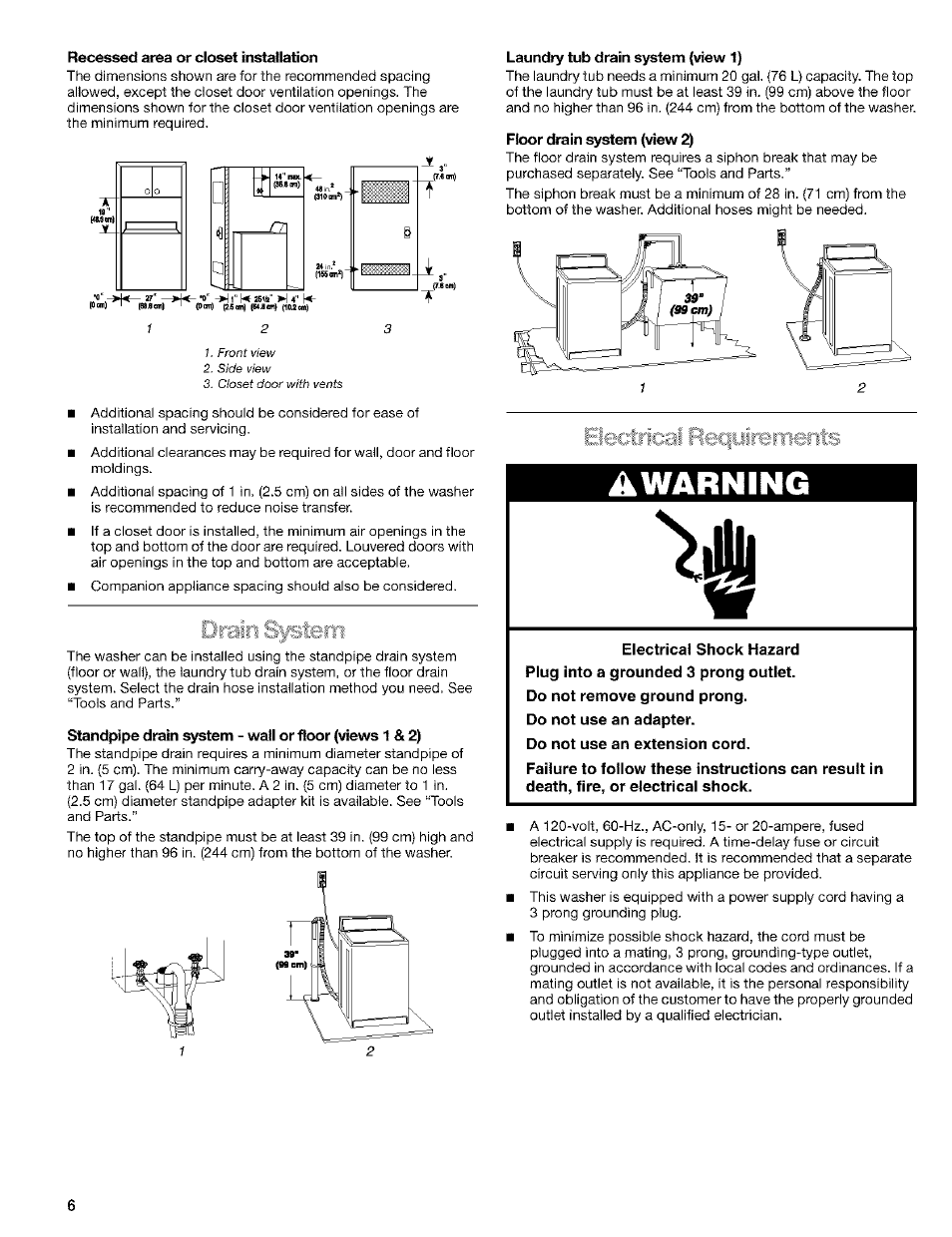 Recessed area or closet installation, Laundry tub drain system {view 1), Floor drain system (trfew 2) | Awarning, Calf i aici i i | Kenmore 110. 2404# User Manual | Page 6 / 56