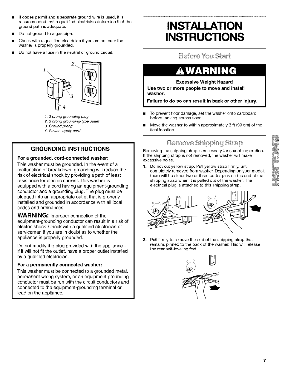 Installation, Instructions, Grounding instructions | Installation instructions, Awarning, Warning | Kenmore 110. 2404# User Manual | Page 7 / 56