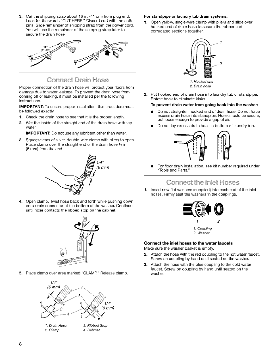 Connect the inlet hoses to the water faucets | Kenmore 110. 2404# User Manual | Page 8 / 56