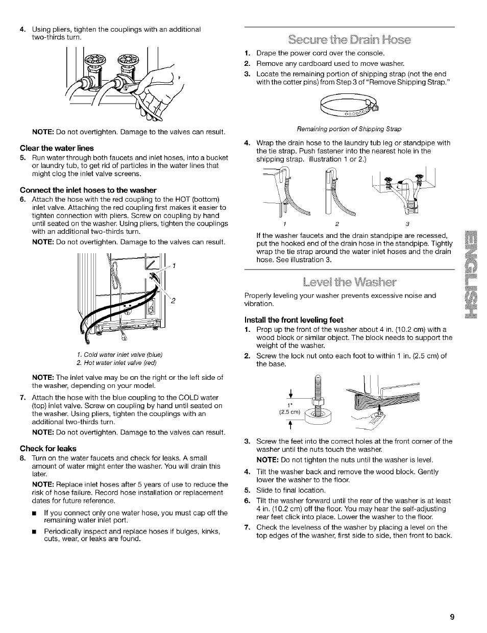 Clear the water lines, Connect the inlet hoses to the washer, Check for leaks | Install the front leveling feet, Level the ¥vasher, L: '' 'fsifl hosci | Kenmore 110. 2404# User Manual | Page 9 / 56