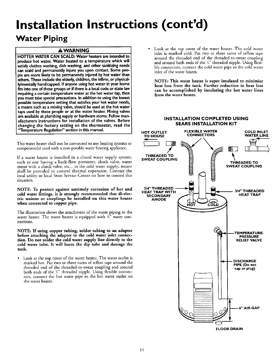 Installation instructions (cont’d), Water piping, Installation instructions | 8 i6 | Kenmore 153.330752 User Manual | Page 11 / 28