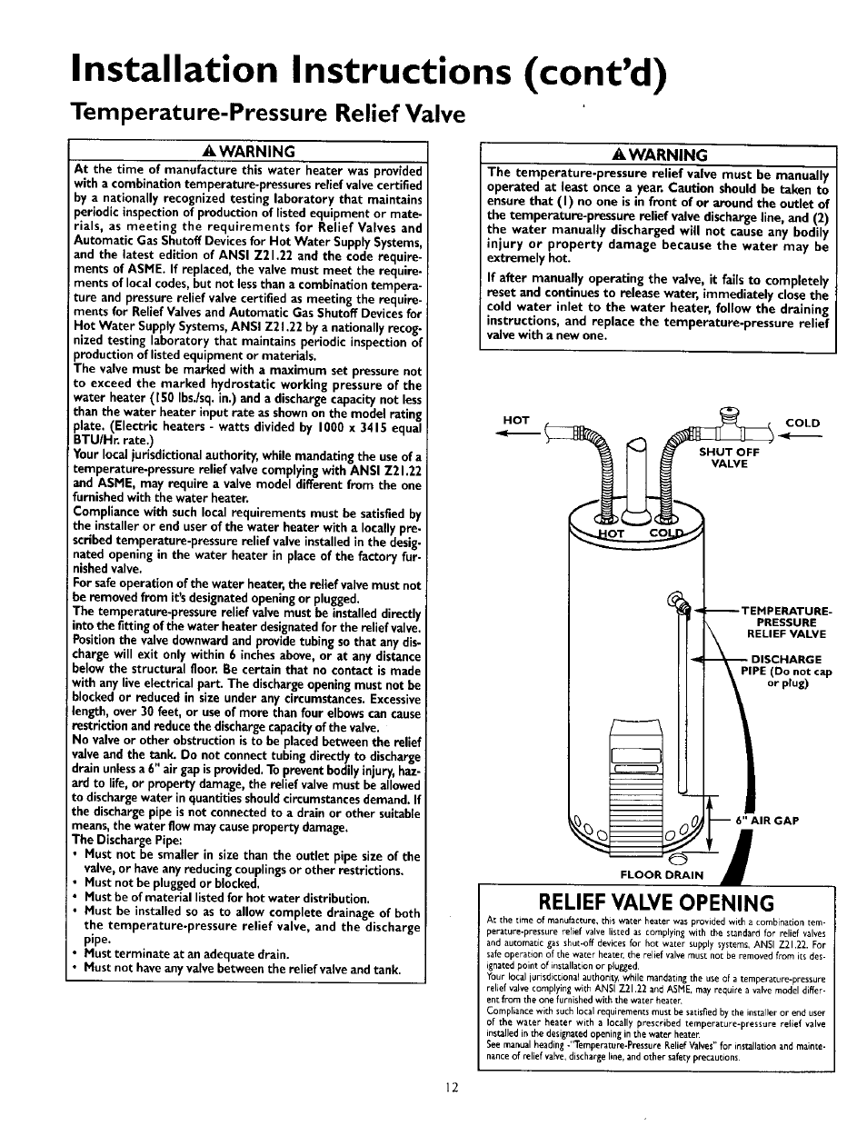 Installation instructions (cont’d), Temperature-pressure relief valve, A warning | Temperaturc'pressure relief valve, Relief valve opening | Kenmore 153.330752 User Manual | Page 12 / 28