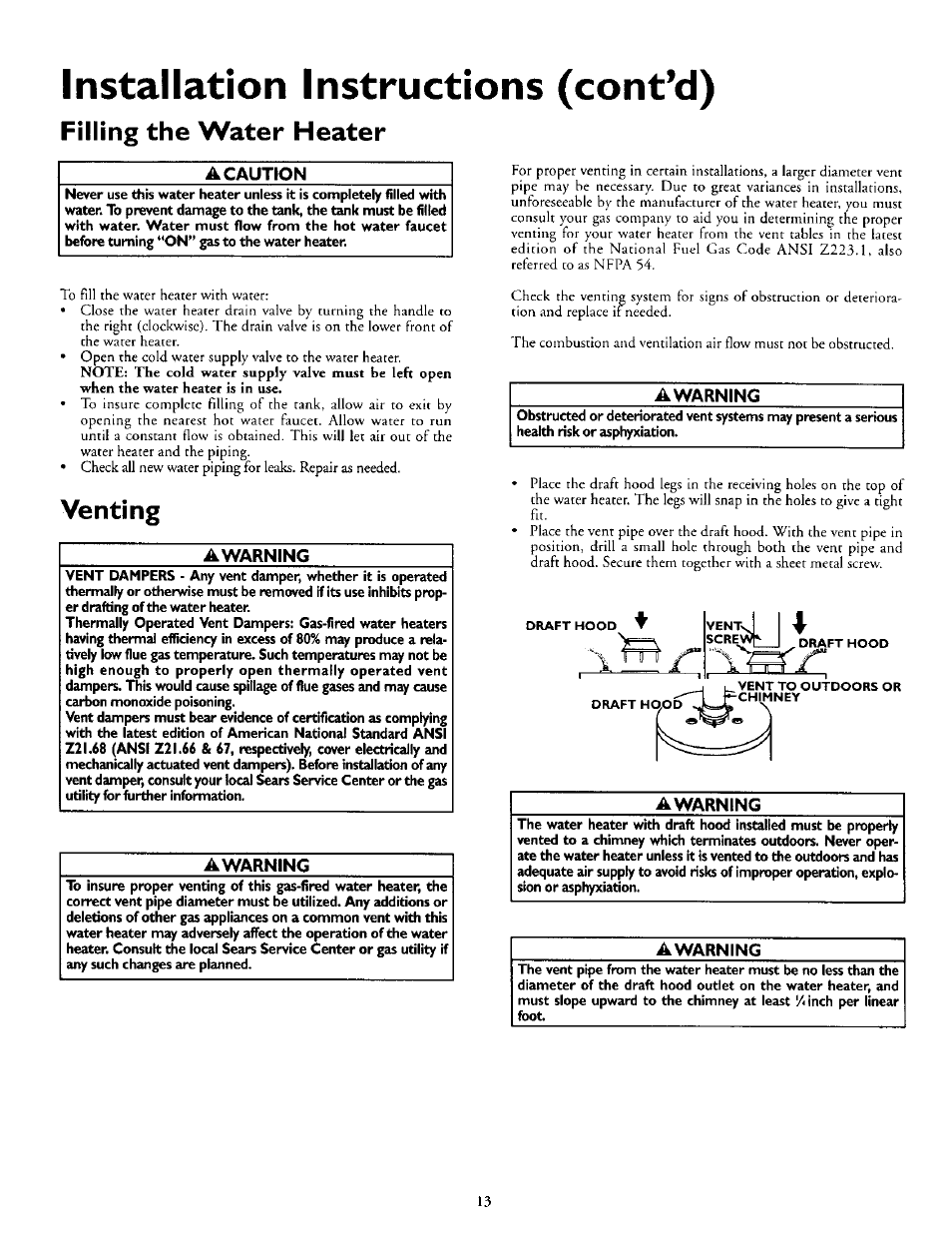 Filling the water heater, A caution, Venting | Awarning, Removing the old water heater, Venting -14, Installation instructions (cont’d) | Kenmore 153.330752 User Manual | Page 13 / 28