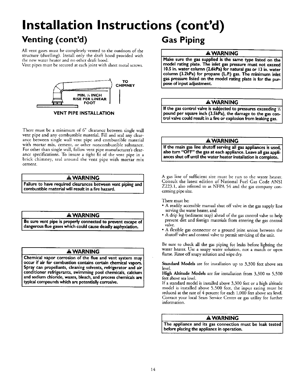 Installation instructions (cont’d), Venting (cont’d) gas piping, Awarning | Kenmore 153.330752 User Manual | Page 14 / 28