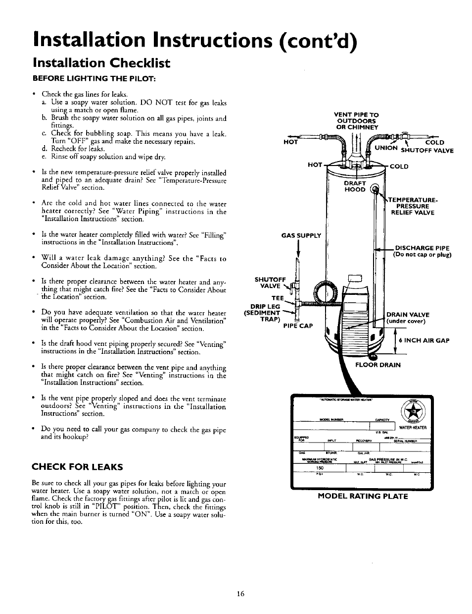 Installation checklist, Check for leaks, Installation instructions (cont’d) | Kenmore 153.330752 User Manual | Page 16 / 28