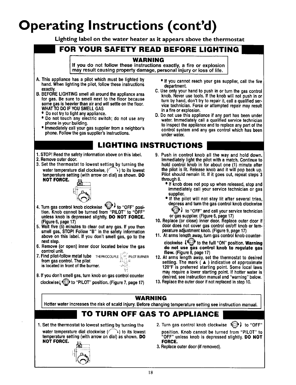 Operating instructions (cont’d), For your safety read before lighting, Lighting instructions | Warning | Kenmore 153.330752 User Manual | Page 18 / 28