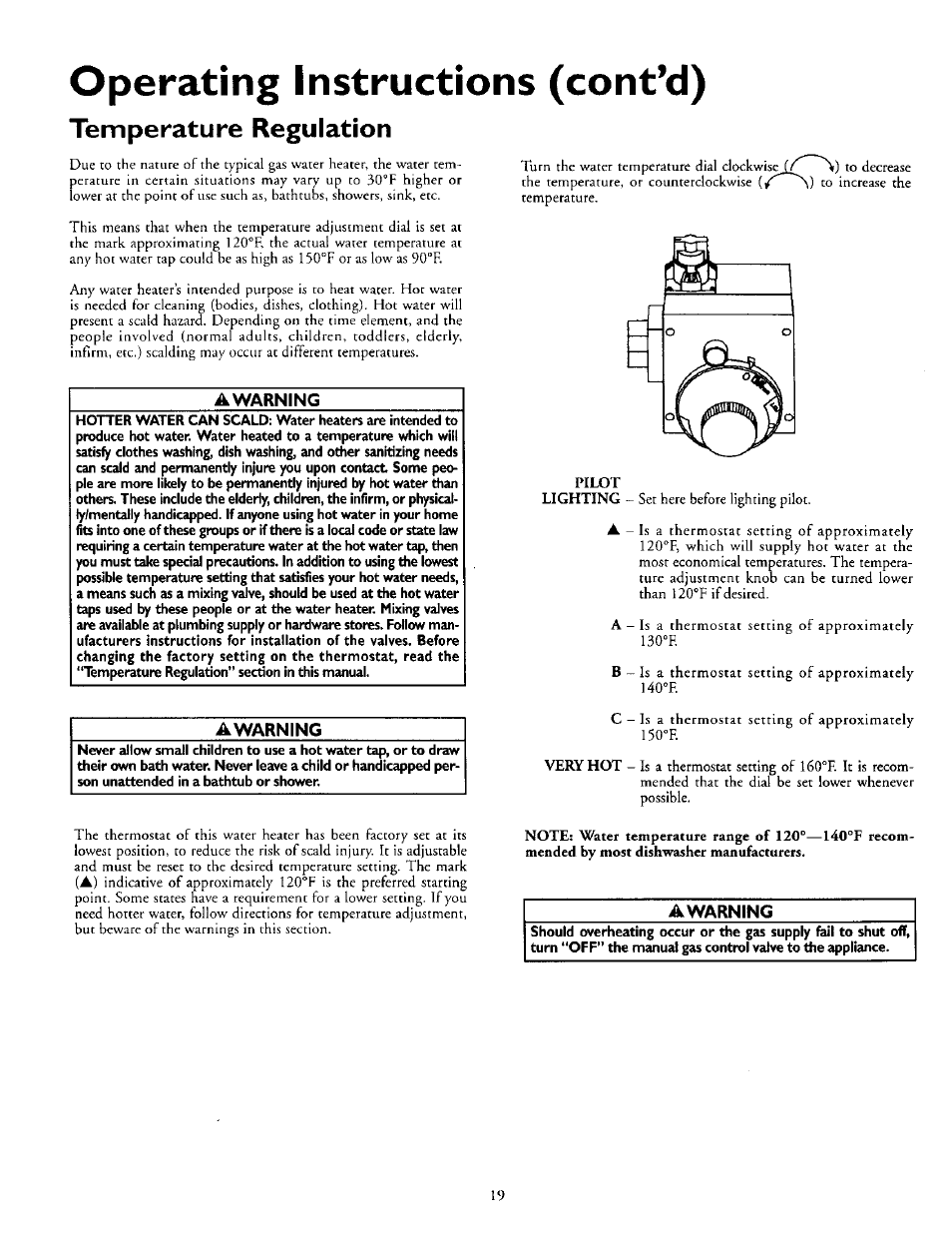 Operating instructions (cont’d), Temperature regulation, A warning | Awarning | Kenmore 153.330752 User Manual | Page 19 / 28