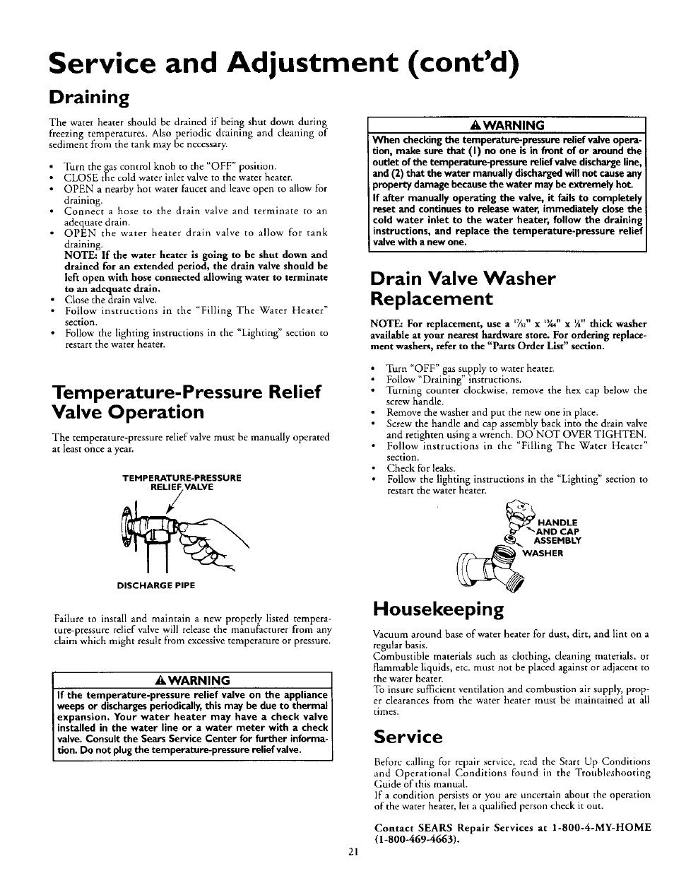 Service and adjustment (cont’d), Draining, Temperature-pressure relief valve operation | Awarning, Drain valve washer replacement, Housekeeping, Service | Kenmore 153.330752 User Manual | Page 21 / 28