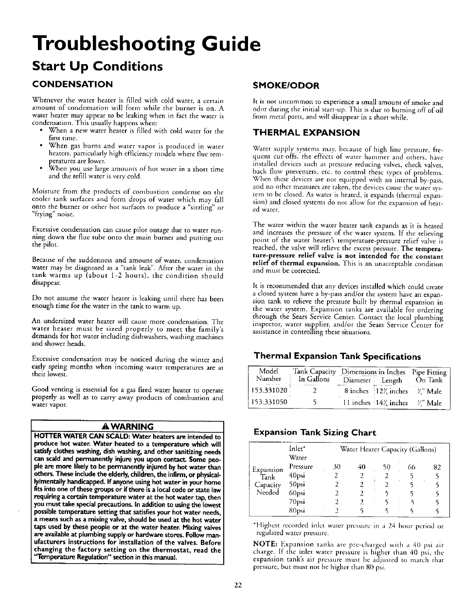 Smoke/odor, Thermal expansion, Thermal expansion tank specifications | Thermal expansion -23, Troubleshooting guide, Start up conditions | Kenmore 153.330752 User Manual | Page 22 / 28