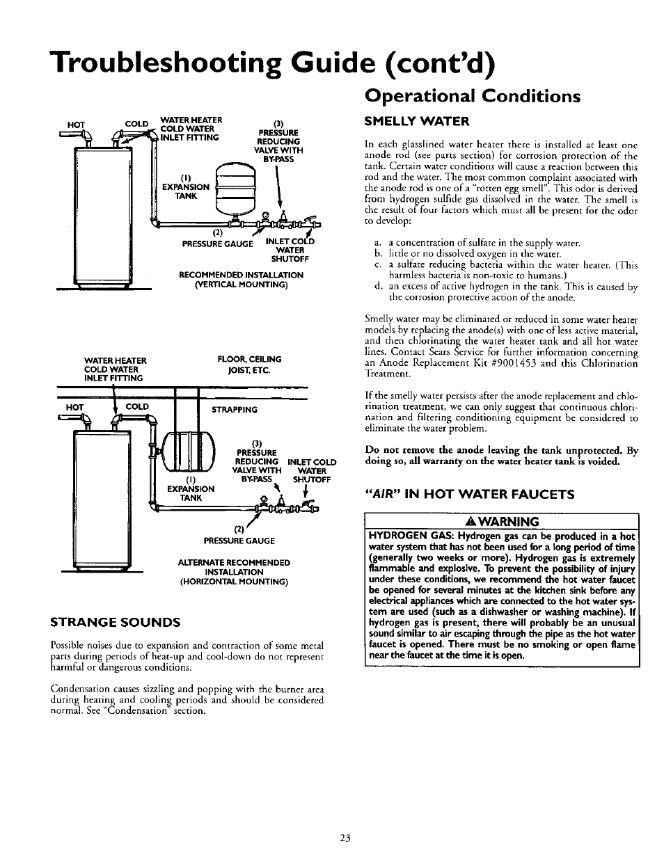 Troubleshooting guide (cont’d), Operational conditions, Strange sounds | Smelly water, Air" in hot water faucets, Awarning, Troubleshooting guide, Operational conditions -24, Smelly water “air” in hot water faucets | Kenmore 153.330752 User Manual | Page 23 / 28