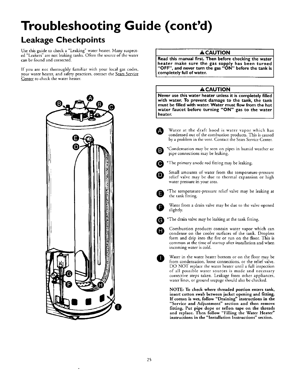 Troubleshooting guide (contad), Leakage checkpoints, A caution | Kenmore 153.330752 User Manual | Page 25 / 28