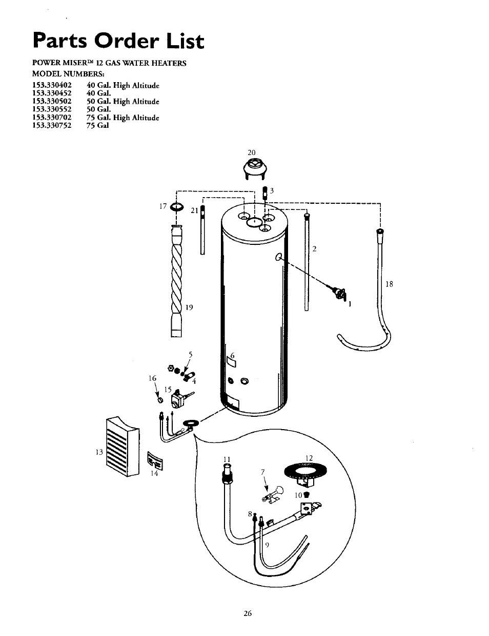 Parts order list | Kenmore 153.330752 User Manual | Page 26 / 28