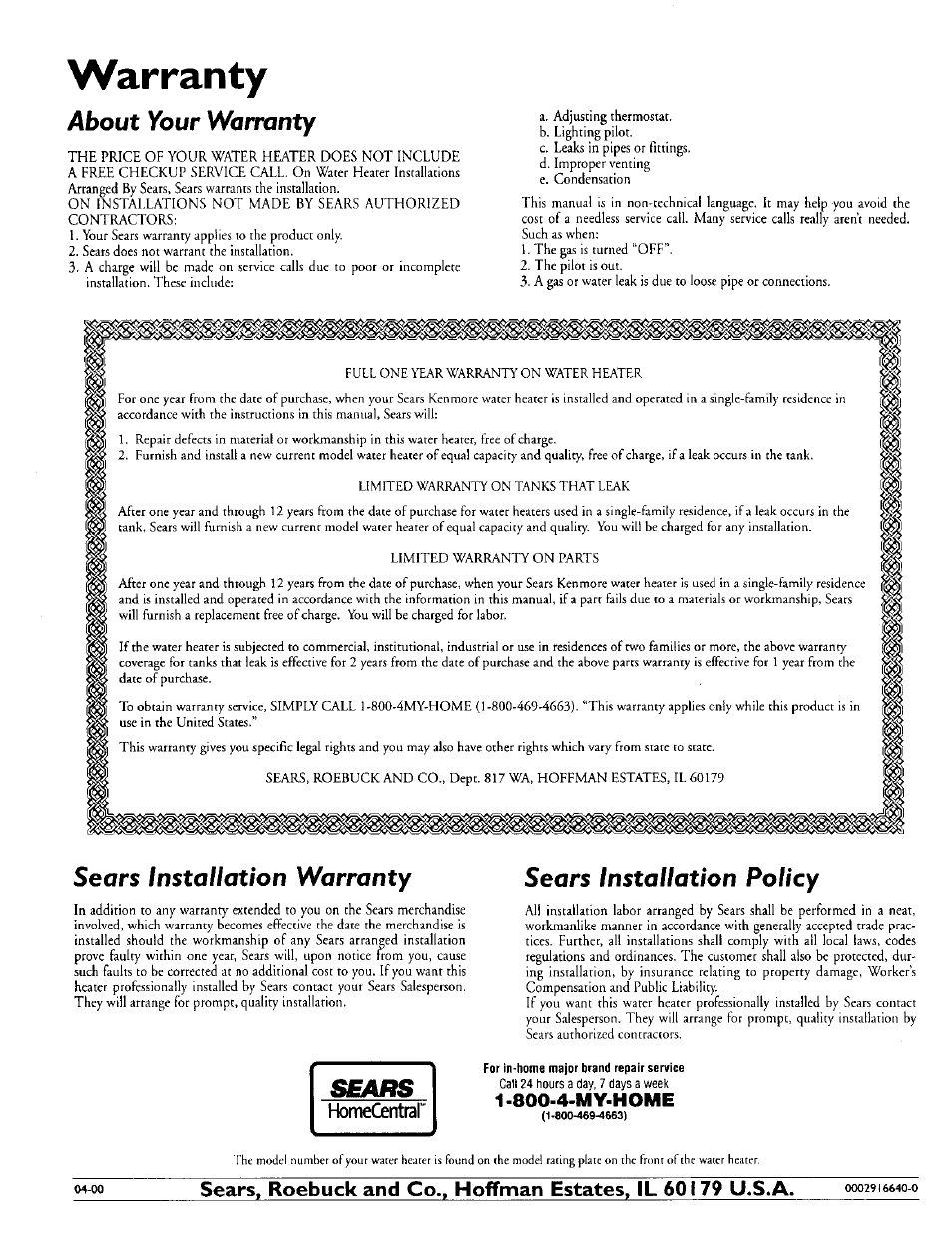 Warranty, About your warranty, Sears installation warranty | Sears installation policy, Homecentrar | Kenmore 153.330752 User Manual | Page 28 / 28