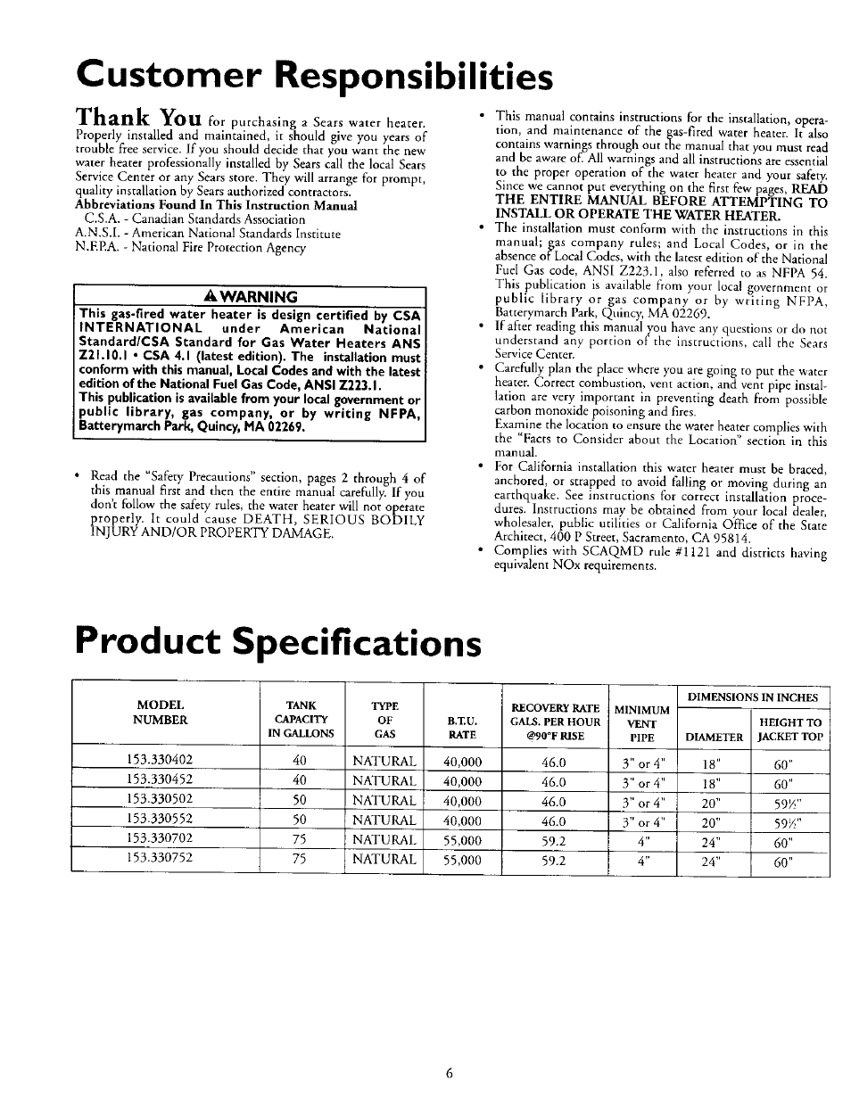 Customer responsibilities, Product specifications, A warning | Kenmore 153.330752 User Manual | Page 6 / 28