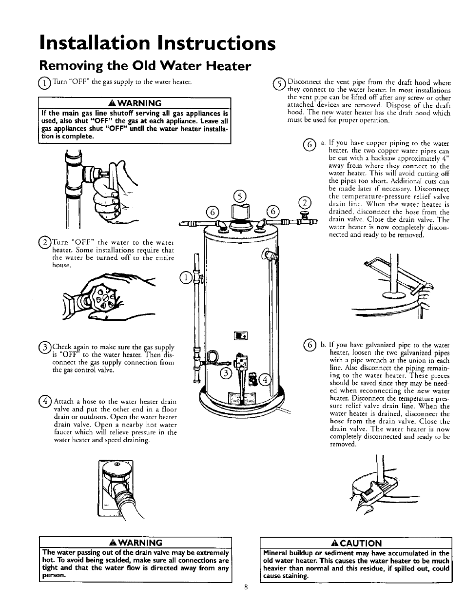 Removing the old water heater, A warning, Installation instructions | Kenmore 153.330752 User Manual | Page 8 / 28