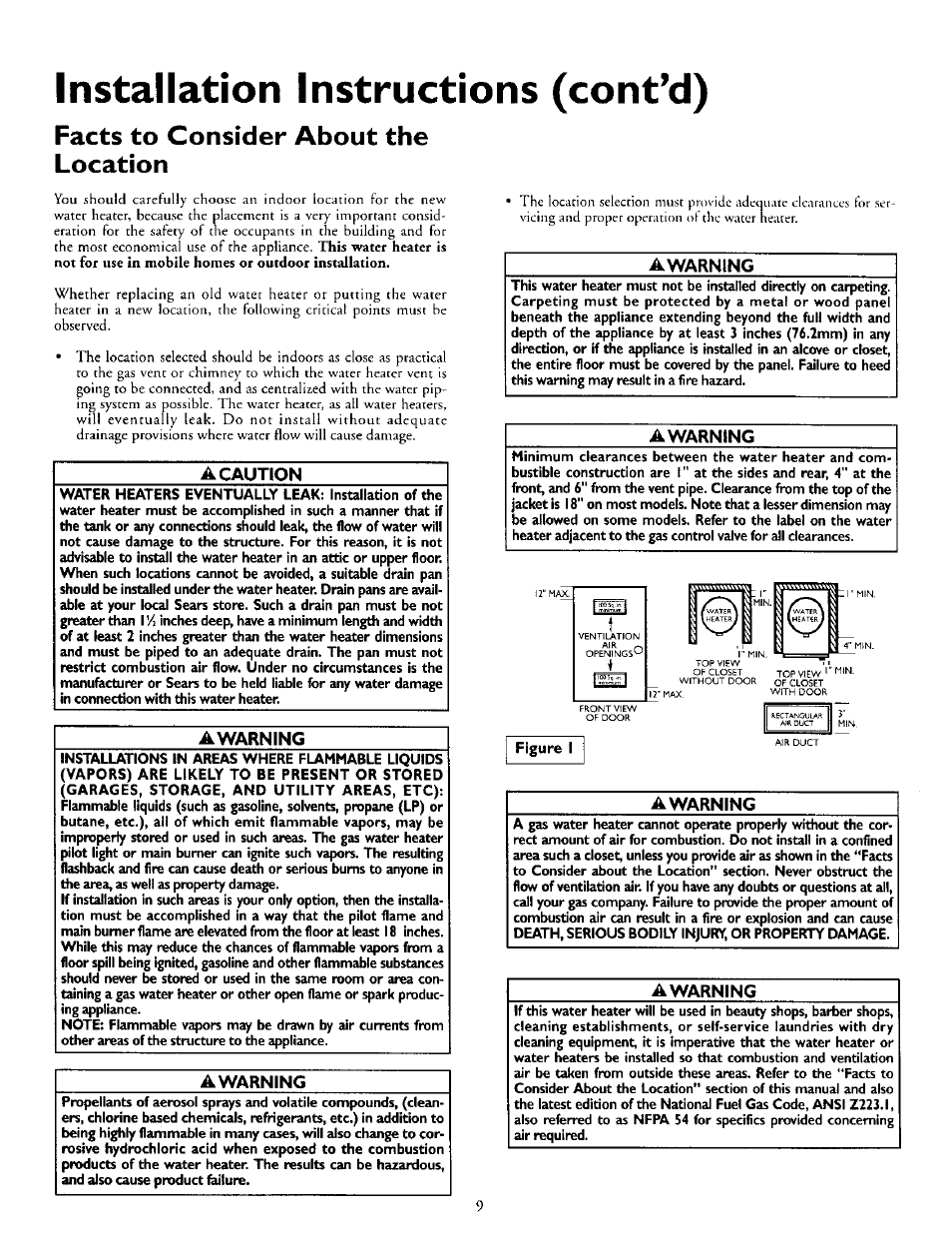 Facts to consider about the location, A caution, Awarning | Installation instructions (cont’d) | Kenmore 153.330752 User Manual | Page 9 / 28