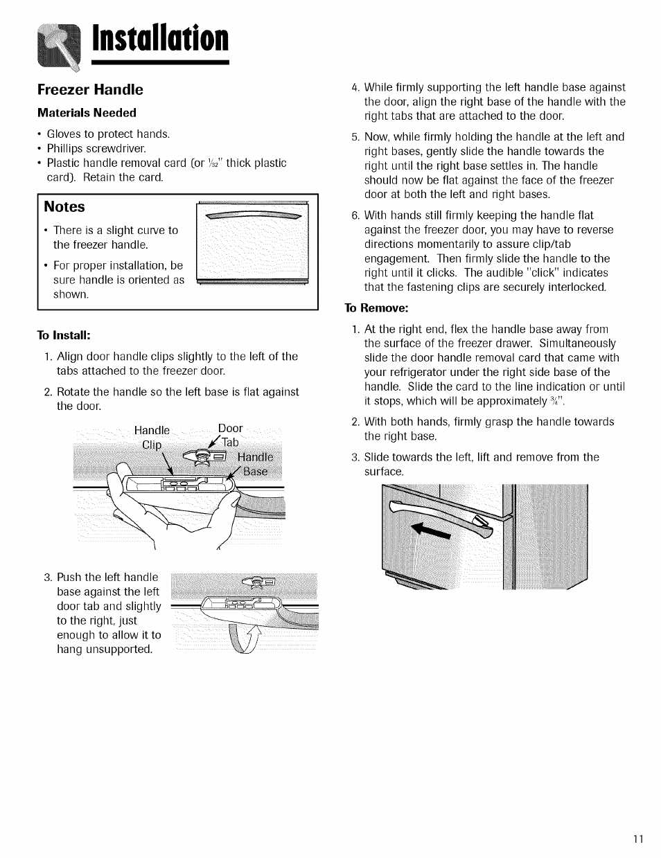 Freezer handle, Materials needed, To install | To remove, Installation | Kenmore TRIO 596.755024 User Manual | Page 11 / 29