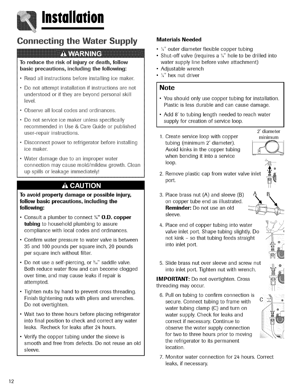 Awarnin, A caution, Materials needed | Note, Instollation, Connecting the water supply | Kenmore TRIO 596.755024 User Manual | Page 12 / 29