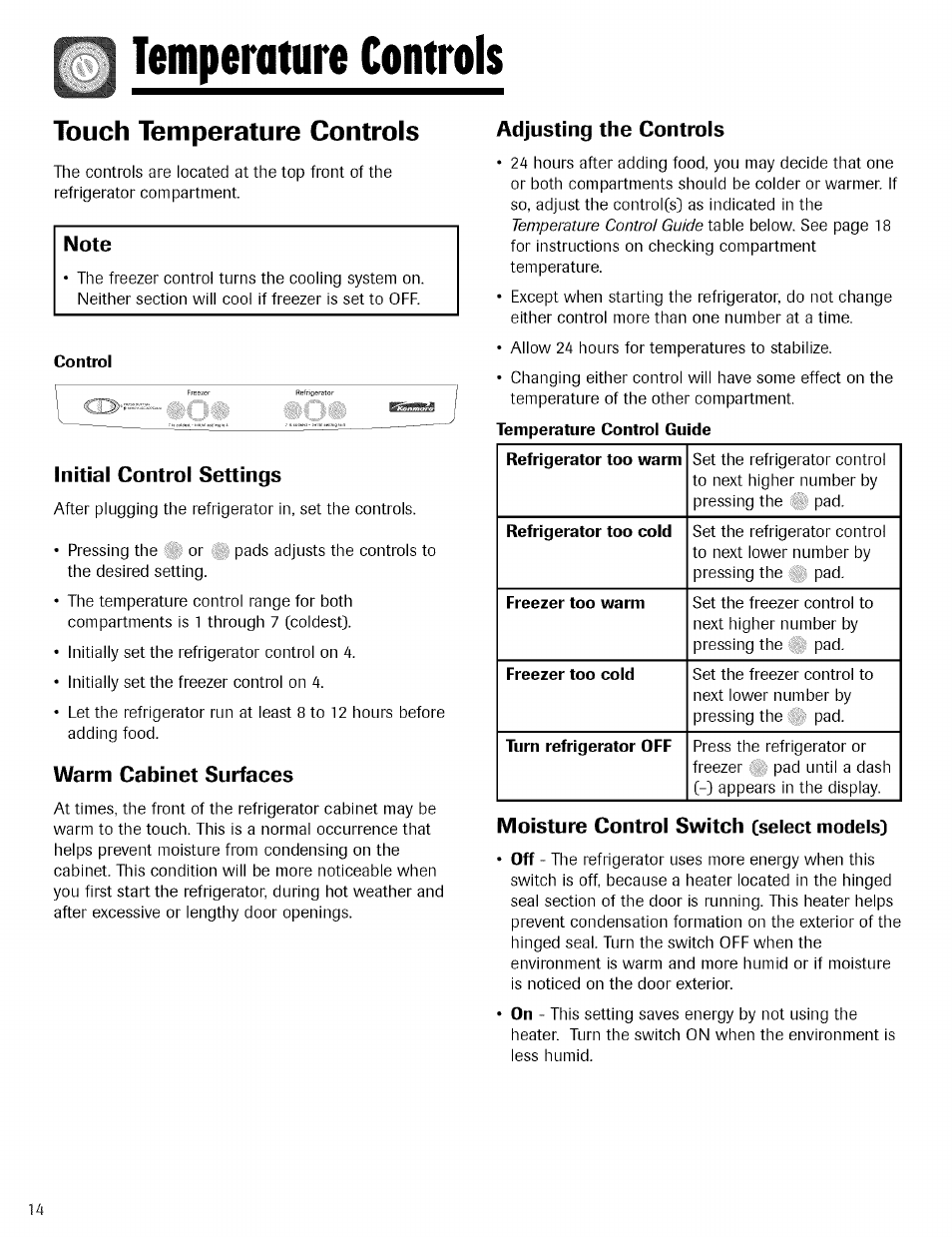 Temperature controls, Control, Initial control settings | Warm cabinet surfaces, Adjusting the controls, Moisture control switch cselect models, Touch temperature controls | Kenmore TRIO 596.755024 User Manual | Page 14 / 29