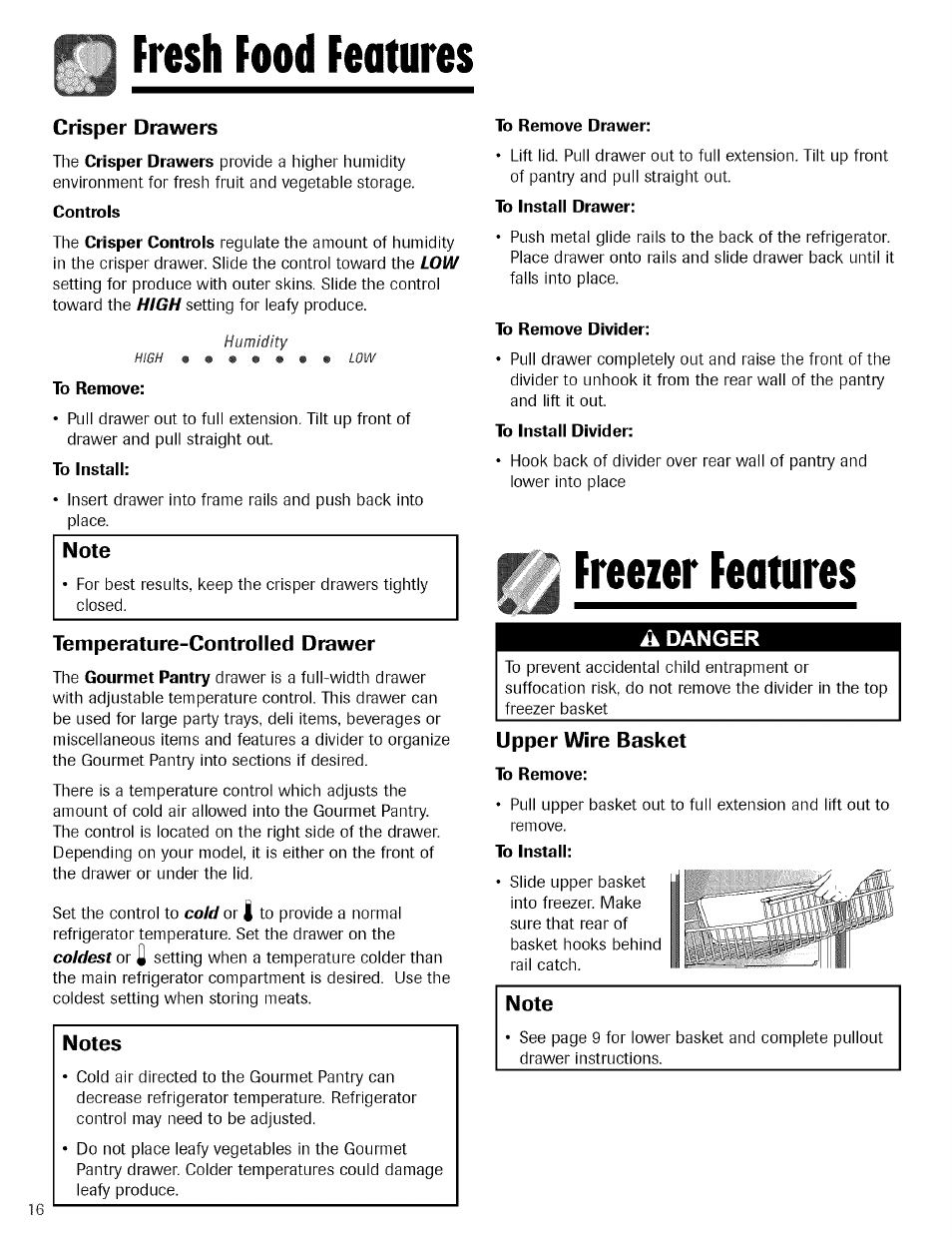 Fresh food features, Crisper drawers, Controls | To install, Temperature-controlled drawer, To remove drawer, To install drawer, To remove divider, To install divider, Freezer features | Kenmore TRIO 596.755024 User Manual | Page 16 / 29