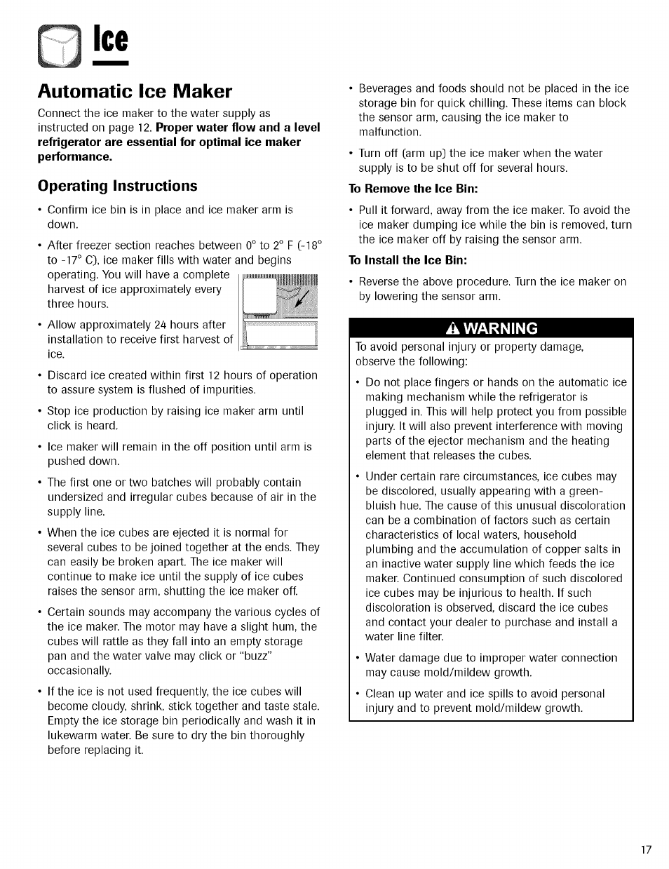 Operating instructions, To remove the ice bin, To install the ice bin | A warning, Automatic ice maker | Kenmore TRIO 596.755024 User Manual | Page 17 / 29