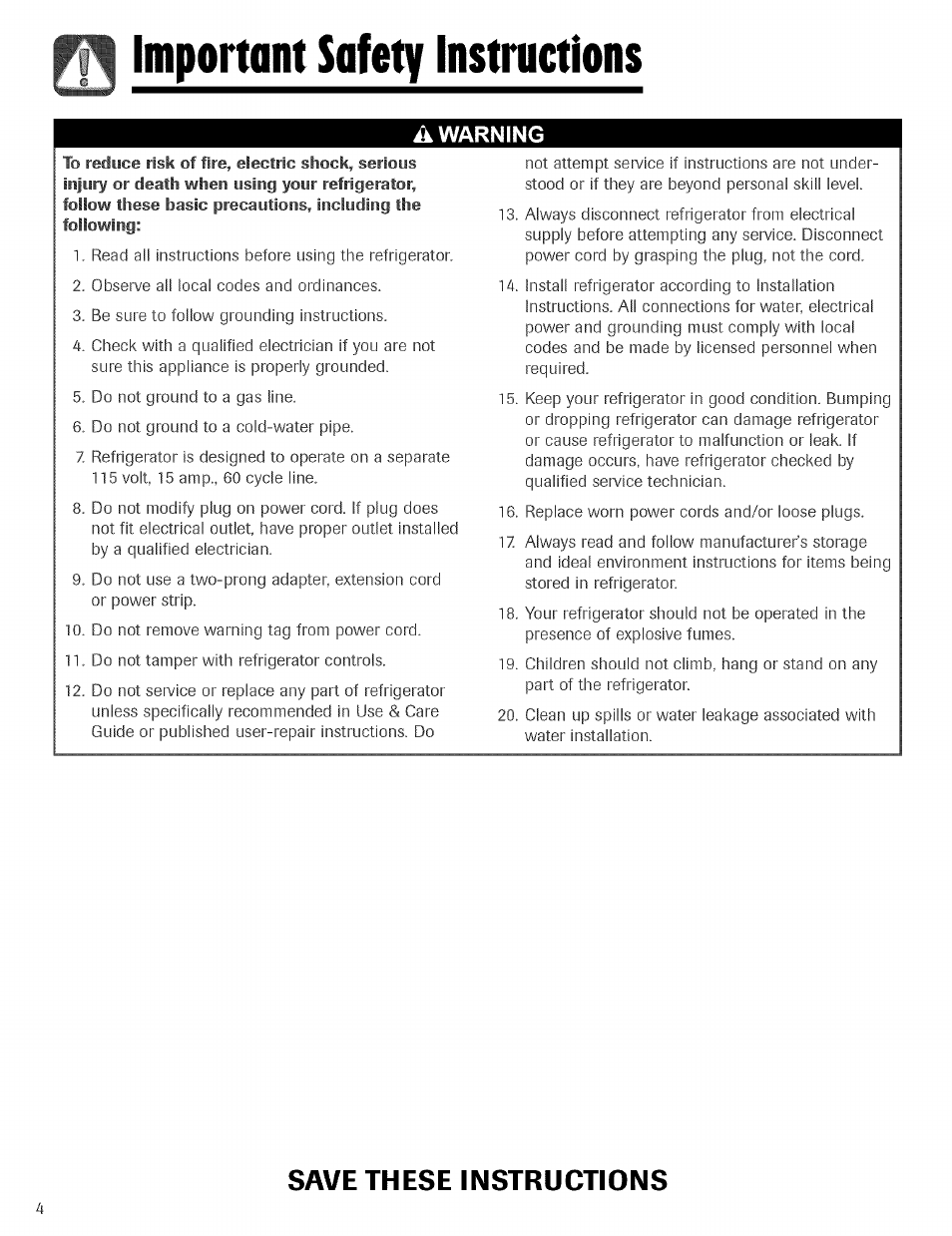 I important safety instructions, A warning, Important safety instructions | Save these instructions | Kenmore TRIO 596.755024 User Manual | Page 4 / 29