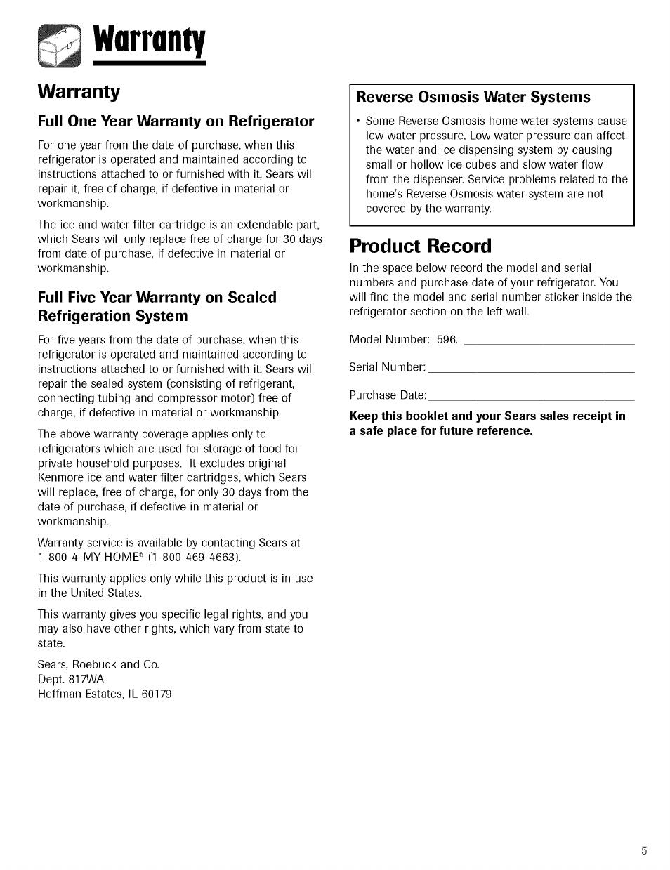 Q warranty, Full one year warranty on refrigemtor, Warranty | Product record | Kenmore TRIO 596.755024 User Manual | Page 5 / 29