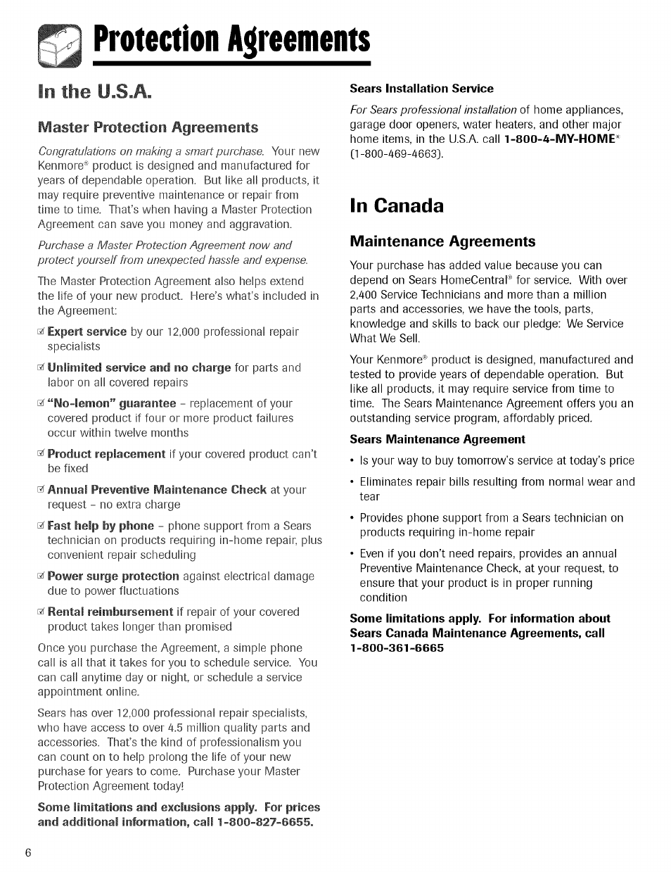 Protection agreements, Sears installation service, Maintenance agreements | Sears maintenance agreement | Kenmore TRIO 596.755024 User Manual | Page 6 / 29