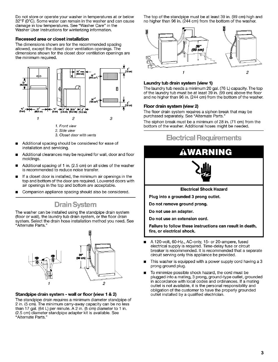 Warning, Electrical reqijire'merits | Kenmore 11024904202 User Manual | Page 3 / 8