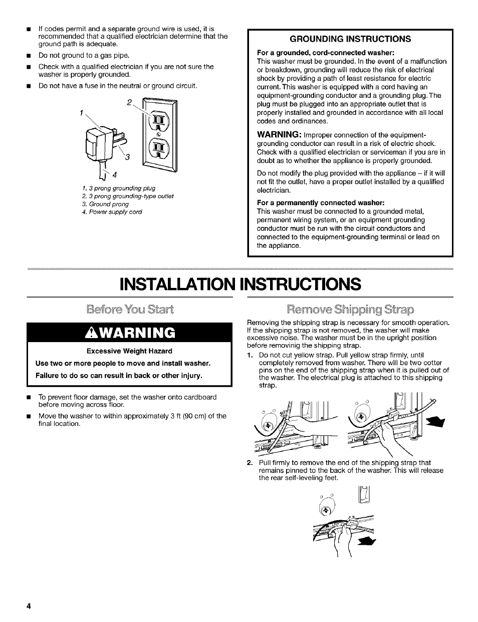 Installation instructions, A warning, Installation instructions a warning | Grounding instructions, Warning | Kenmore 11024904202 User Manual | Page 4 / 8