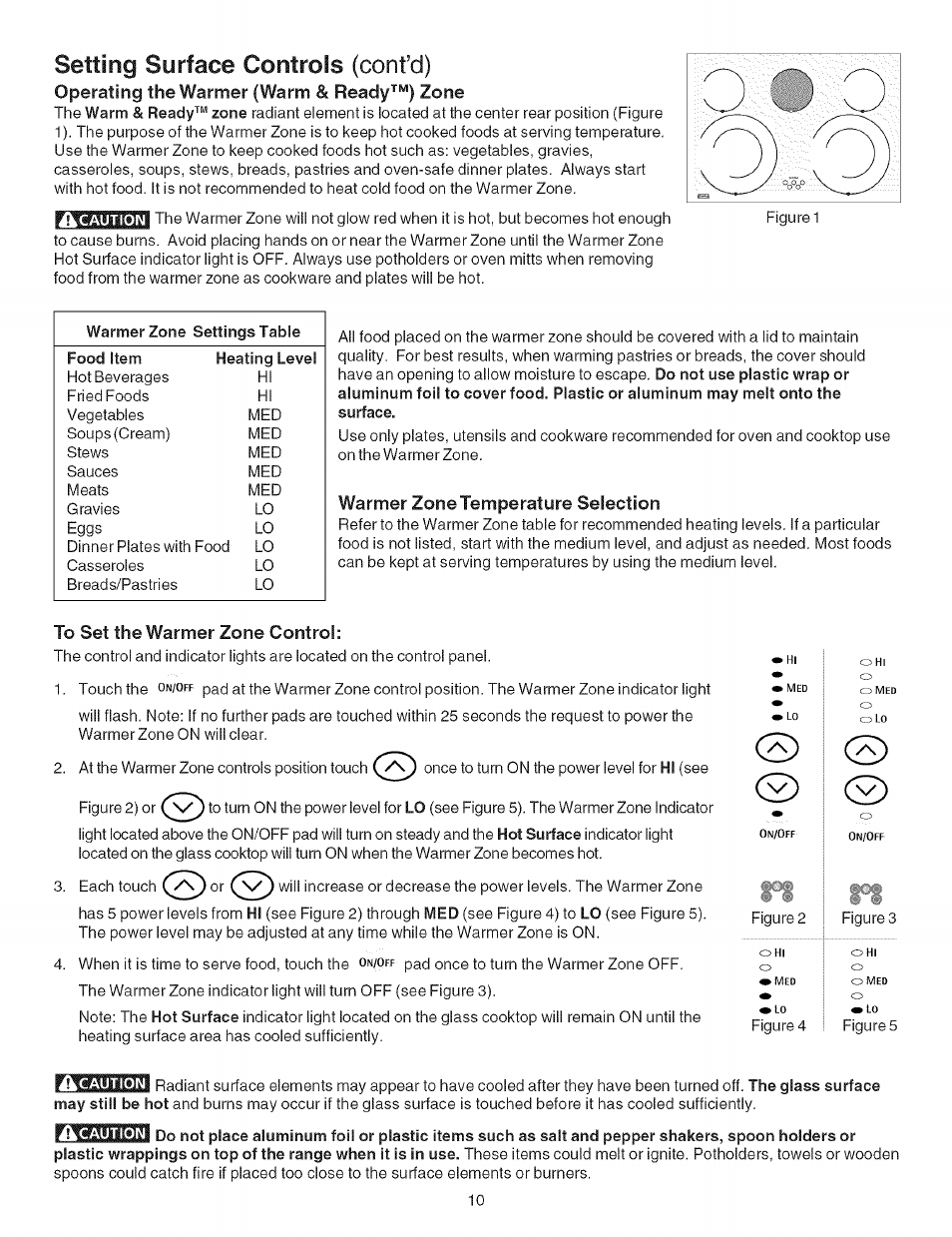 Operating the warmer (warm & readyzone, Warmer zone temperature selection, To set the warmer zone control | 3)or(s), S) (5) c5), Setting surface controls (confd) | Kenmore ELITE 790.467 User Manual | Page 10 / 44