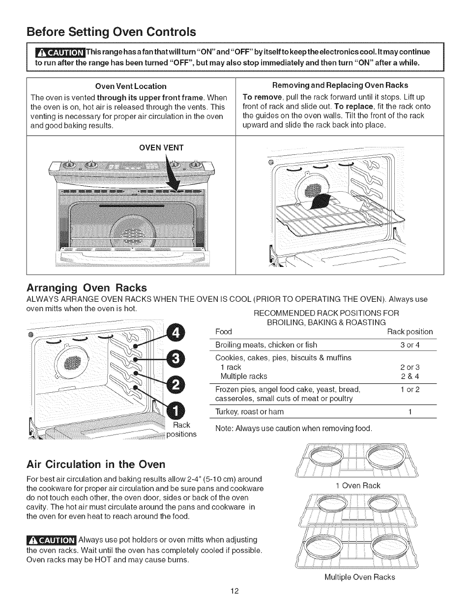 Before setting oven controls, Oven vent location, Removing and replacing oven racks | Arranging oven racks, Air circulation in the oven, Setting oven controls -33 | Kenmore ELITE 790.467 User Manual | Page 12 / 44