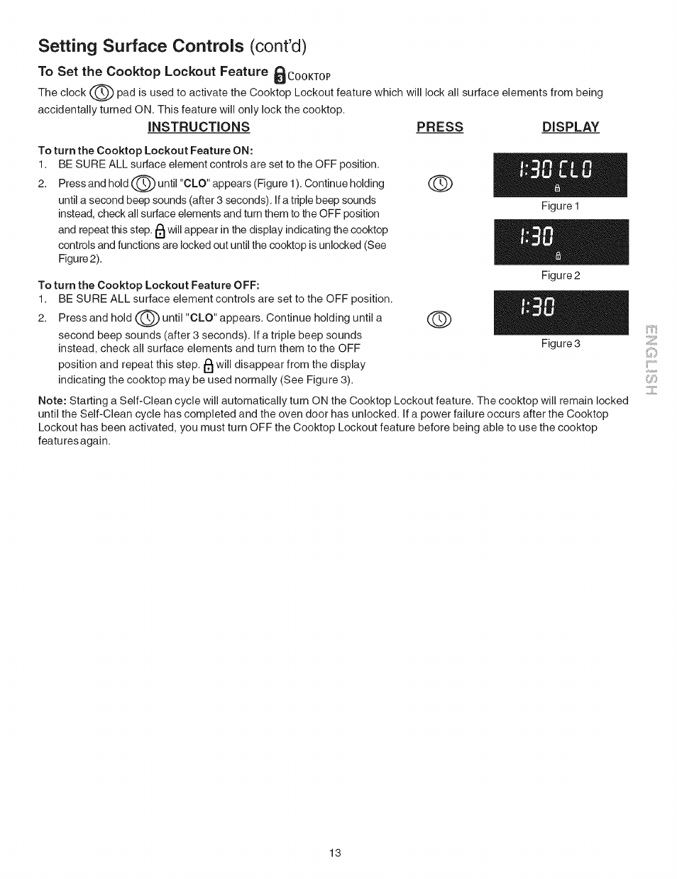 To set the cooktop lockout feature 0 cooktop, Instructions press display, To turn the cooktop lockout feature on | To turn the cooktop lockout feature off, Setting surface controls (confd) | Kenmore ELITE 790.467 User Manual | Page 13 / 44