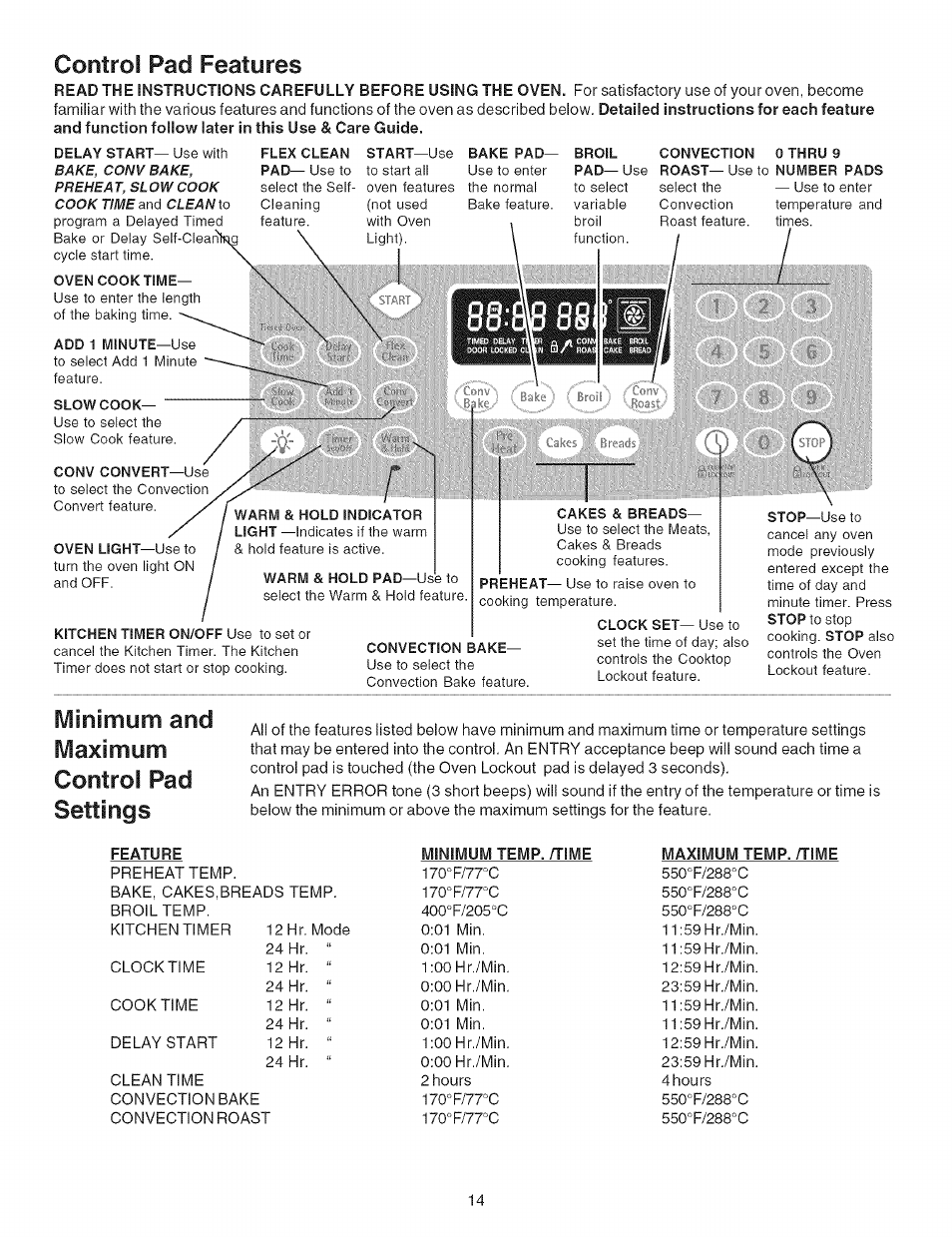 Control pad features, Minimum and maximum control pad settings | Kenmore ELITE 790.467 User Manual | Page 14 / 44