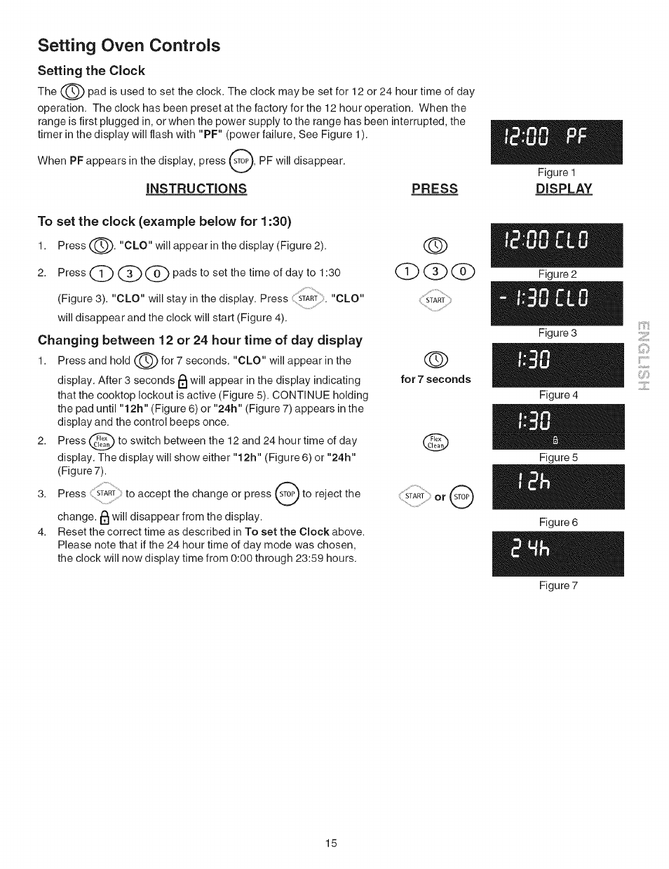 Setting oven controls, Setting the clock, To set the clock (example below for 1:30) | Changing between 12 or 24 hour time of day display, Ic-uu “r, 3u ll u, Setting surface controls -13, Nn pc | Kenmore ELITE 790.467 User Manual | Page 15 / 44