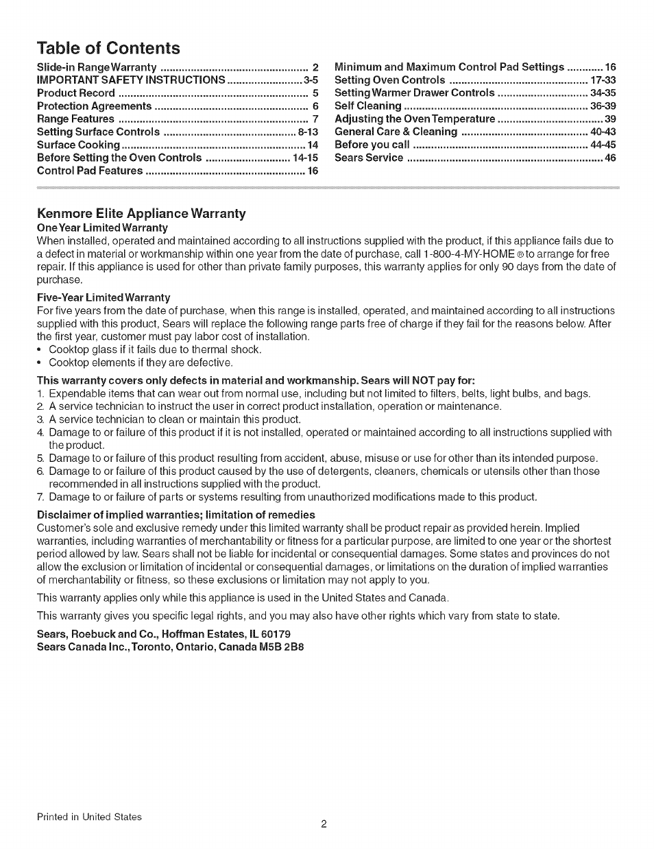 Kenmore ELITE 790.467 User Manual | Page 2 / 44