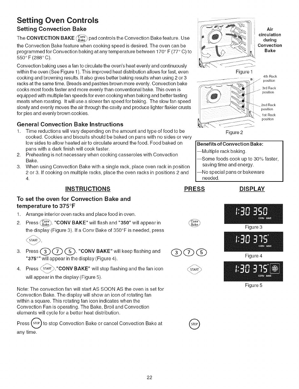 Setting convection bake, General convection bake instructions, Instructions press | Display, Setting oven controls | Kenmore ELITE 790.467 User Manual | Page 22 / 44