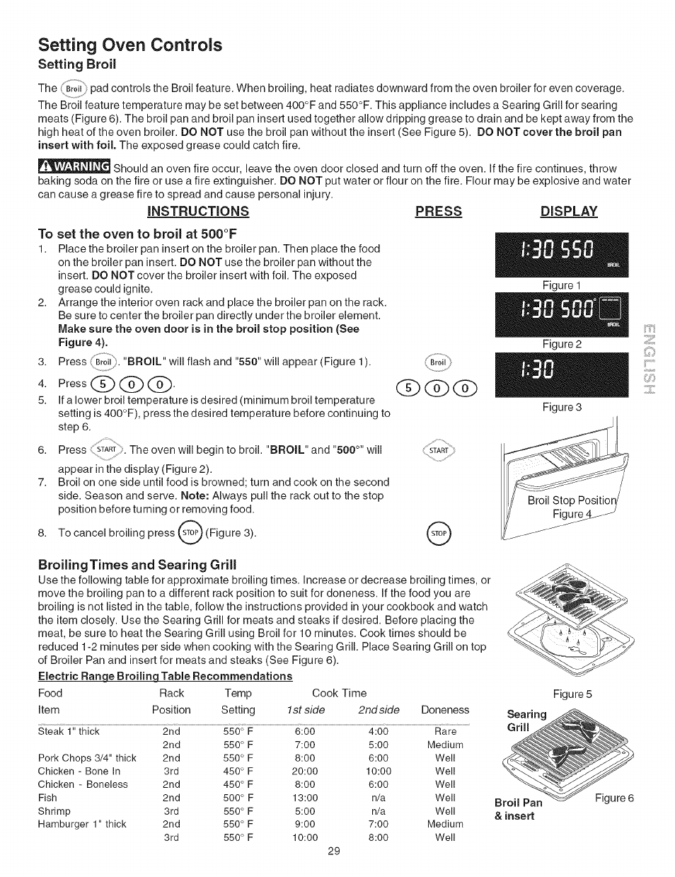 Setting oven controls, Instructions press display, To set the oven to broil at 500°f | Jujüu, Broiling times and searing grill, Aosso, Setting broil | Kenmore ELITE 790.467 User Manual | Page 29 / 44