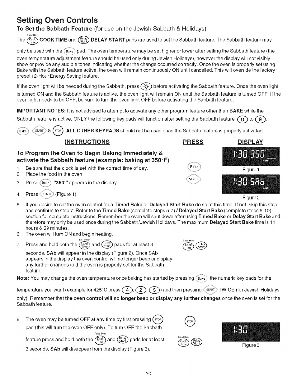 Setting oven controls, Instructions press display, 30 sffb | Kenmore ELITE 790.467 User Manual | Page 30 / 44