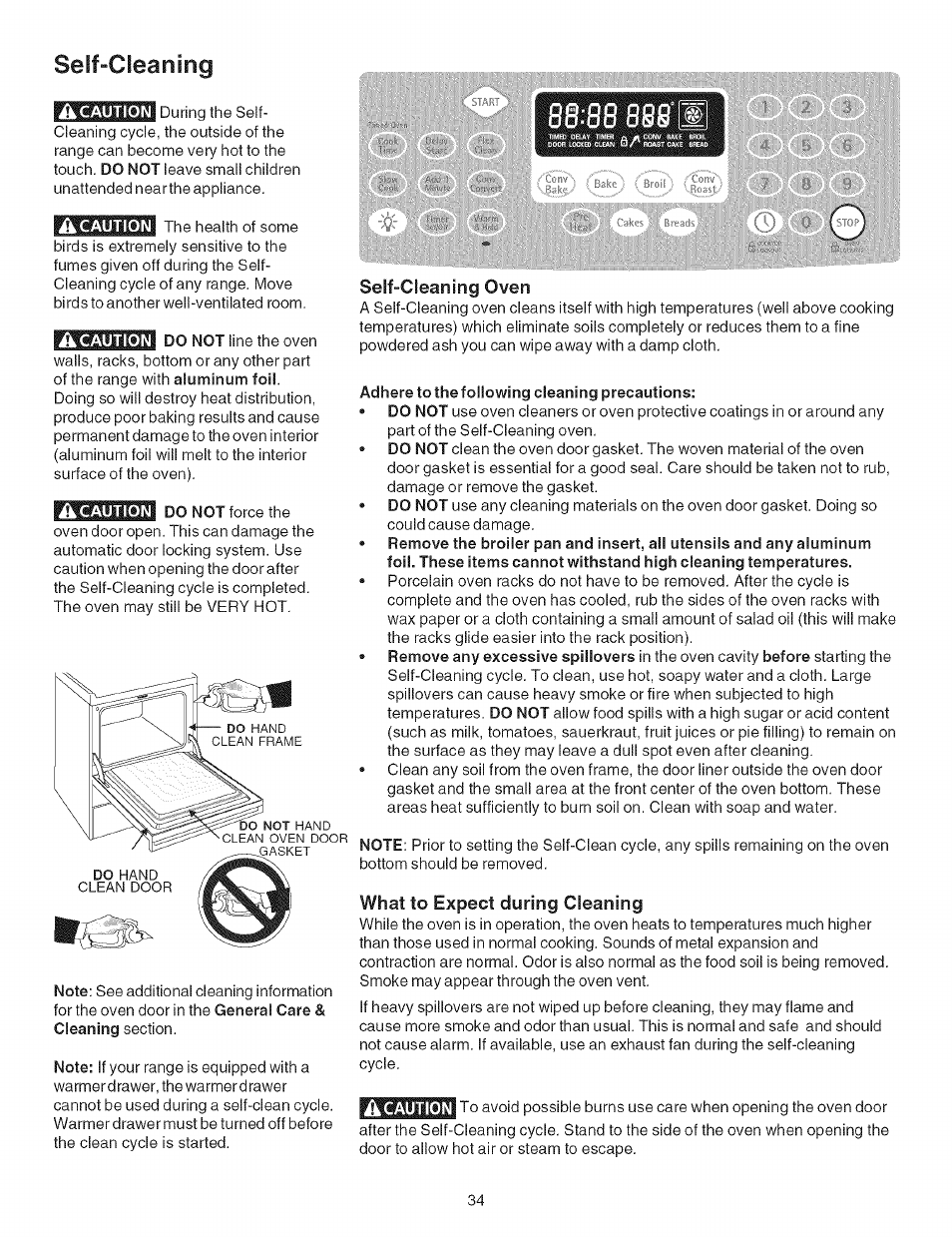 Self-cleaning, Adhere to the following cleaning precautions, What to expect during cleaning | Kenmore ELITE 790.467 User Manual | Page 34 / 44