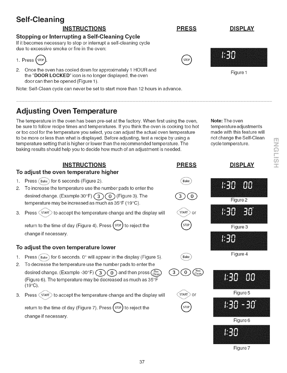 Self-cleaning, Stopping or interrupting a self-cleaning cycle, Press | Display, Instructions, To adjust the oven temperature higher, To adjust the oven temperature lower, On fin ou uu, N nn, Cd cd | Kenmore ELITE 790.467 User Manual | Page 37 / 44