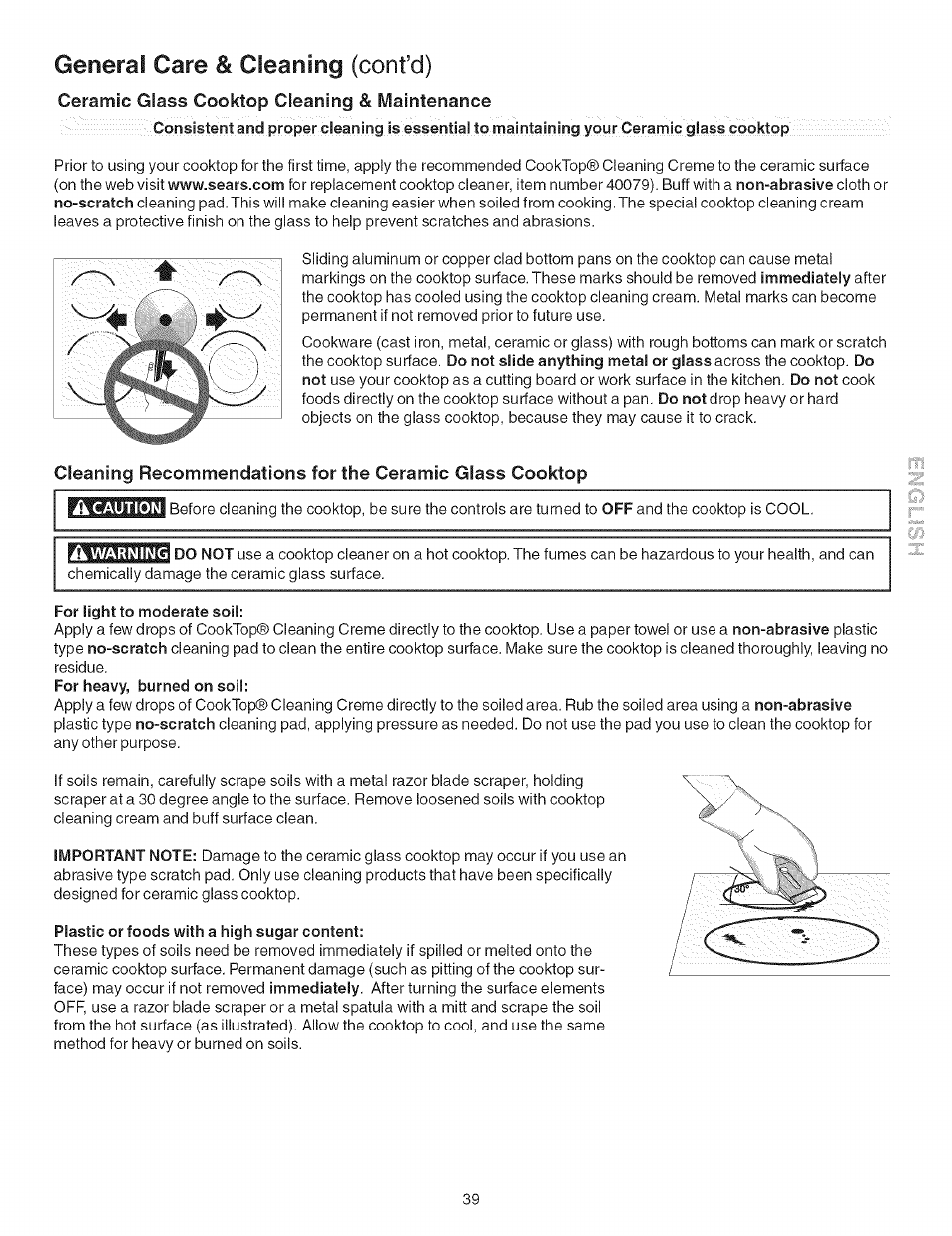 Ceramic glass cooktop cleaning & maintenance, Â caution, A warning | For light to moderate soil, Plastic or foods with a high sugar content, General care & cleaning (confd) | Kenmore ELITE 790.467 User Manual | Page 39 / 44