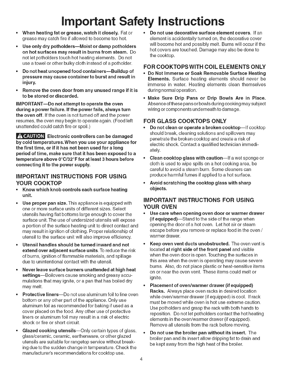 Important instructions for using your cooktop, For cooktops with coil elements only, For glass cooktops only | Important instructions for using your oven, Important safety instructions | Kenmore ELITE 790.467 User Manual | Page 4 / 44