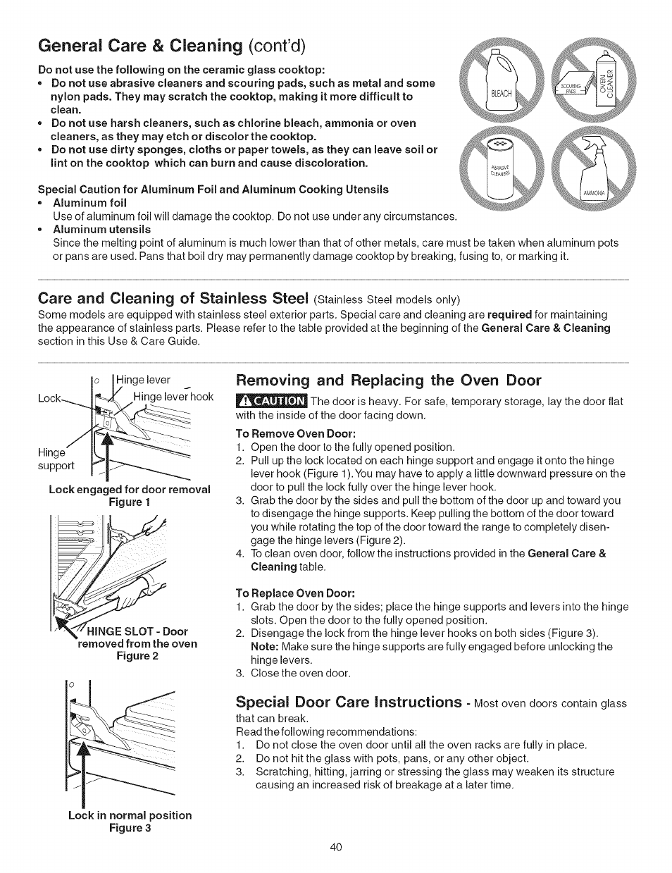 Removing and replacing the oven door, To remove oven door, To replace oven door | General care & cleaning (cont’d), Care and cleaning of stainless steel | Kenmore ELITE 790.467 User Manual | Page 40 / 44